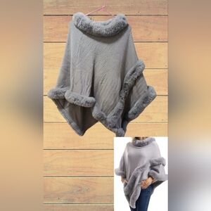 - Elegant Silky Knit Poncho With Soft Faux Fur Trim